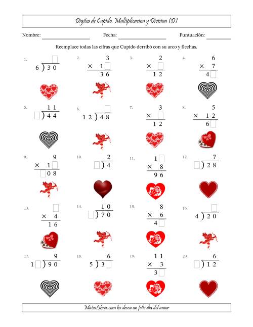 La hoja de ejercicios de Dígitos perdidos de Cupido, Multiplicacion y Division (Versión Fácil) (D)