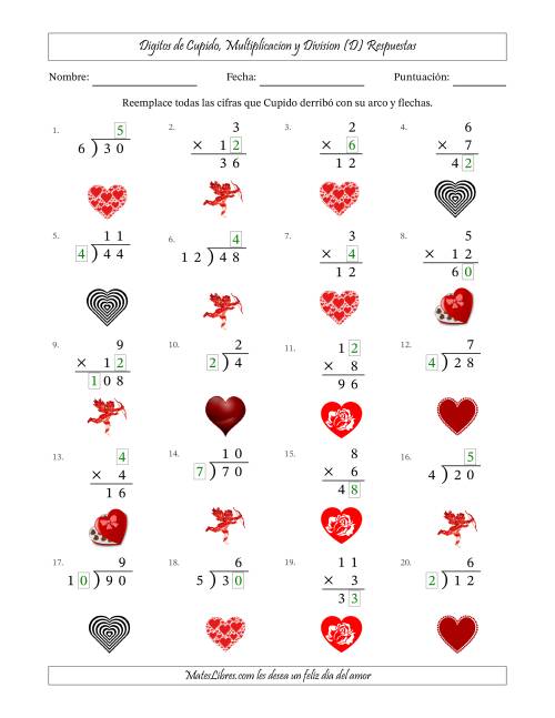 La hoja de ejercicios de Dígitos perdidos de Cupido, Multiplicacion y Division (Versión Fácil) (D) Página 2