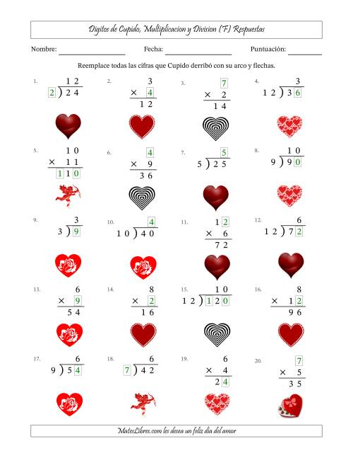 La hoja de ejercicios de Dígitos perdidos de Cupido, Multiplicacion y Division (Versión Fácil) (F) Página 2