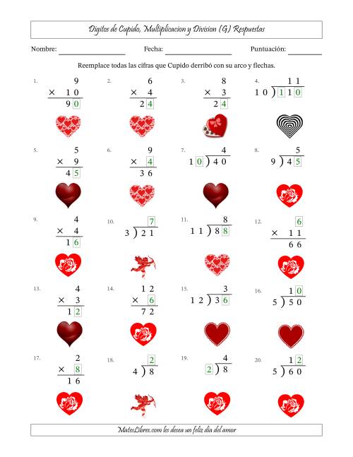 La hoja de ejercicios de Dígitos perdidos de Cupido, Multiplicacion y Division (Versión Fácil) (G) Página 2