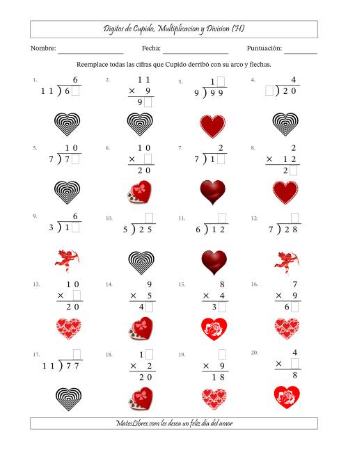 La hoja de ejercicios de Dígitos perdidos de Cupido, Multiplicacion y Division (Versión Fácil) (H)