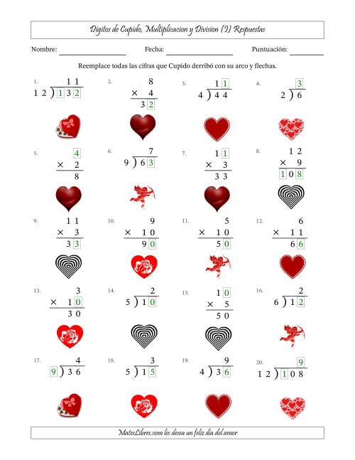 La hoja de ejercicios de Dígitos perdidos de Cupido, Multiplicacion y Division (Versión Fácil) (I) Página 2