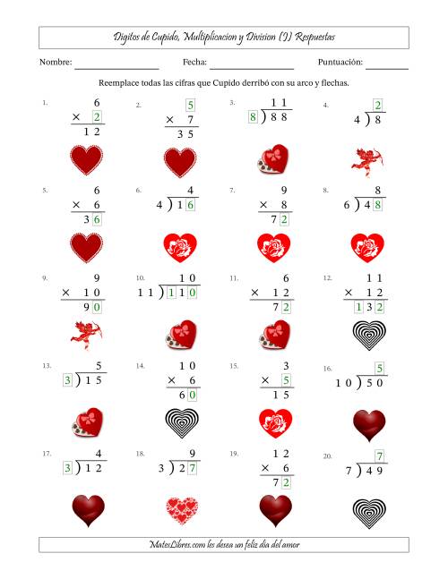 La hoja de ejercicios de Dígitos perdidos de Cupido, Multiplicacion y Division (Versión Fácil) (J) Página 2