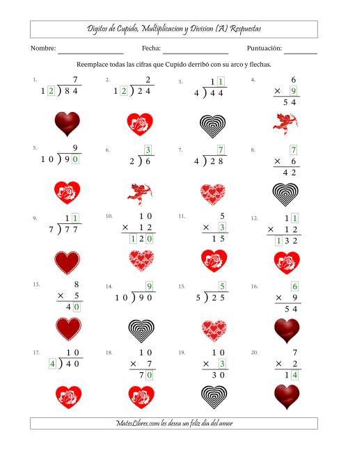 La hoja de ejercicios de Dígitos perdidos de Cupido, Multiplicacion y Division (Versión Fácil) (Todas) Página 2