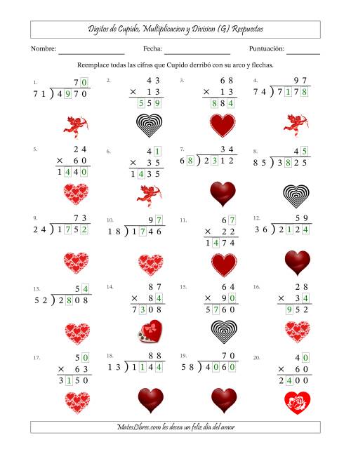 La hoja de ejercicios de Dígitos perdidos de Cupido, Multiplicacion y Division (Versión Difícil) (G) Página 2