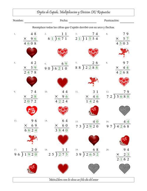 La hoja de ejercicios de Dígitos perdidos de Cupido, Multiplicacion y Division (Versión Difícil) (Todas) Página 2