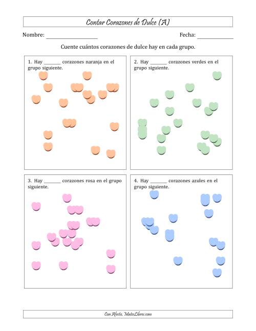 La hoja de ejercicios de Contar Corazones de Dulce en Conjuntos Dispersos (Versión Difícil, Conjuntos Dispersos de 11 a 20 Elementos) (A)