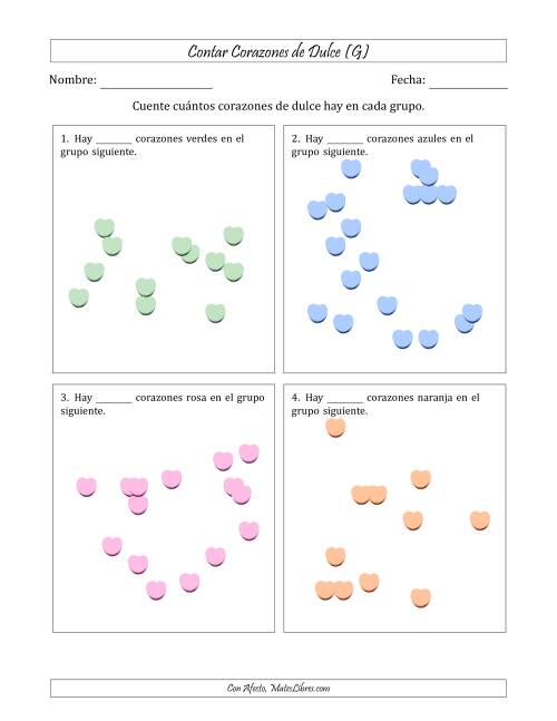 La hoja de ejercicios de Contar Corazones de Dulce en Conjuntos Dispersos (Versión Difícil, Conjuntos Dispersos de 11 a 20 Elementos) (G)