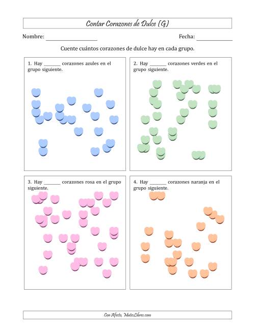 La hoja de ejercicios de Contar Corazones de Dulce en Conjuntos Dispersos (Versión Muy Difícil, Conjuntos Dispersos de 21 a 50 Elementos) (G)