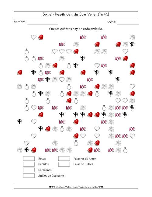 La hoja de ejercicios de Contar Artículos del Día de San Valentín en Conjuntos Super Dispersos (50 Por Ciento Lleno) (C)