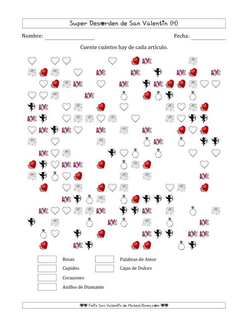 La hoja de ejercicios de Contar Artículos del Día de San Valentín en Conjuntos Super Dispersos (50 Por Ciento Lleno) (H)