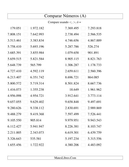 La hoja de ejercicios de Comparar Números Hasta 10000000 (próximos) (A)