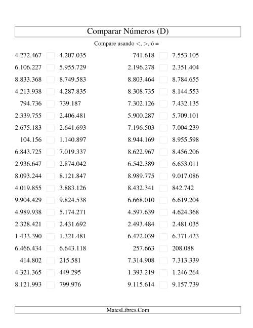 La hoja de ejercicios de Comparar Números Hasta 10000000 (próximos) (D)