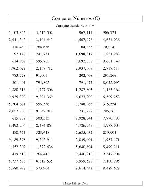 La hoja de ejercicios de Comparar Números Hasta 10000000 (próximos) (C)