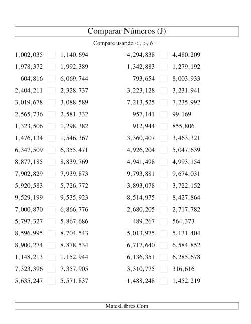 La hoja de ejercicios de Comparar Números Hasta 10000000 (próximos) (J)
