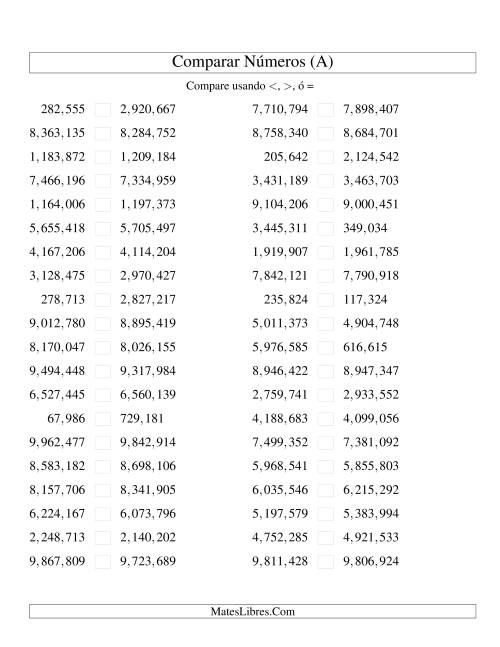 La hoja de ejercicios de Comparar Números Hasta 10000000 (próximos) (Todas)