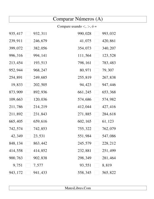 La hoja de ejercicios de Comparar Números Hasta 1000000 (próximos) (A)