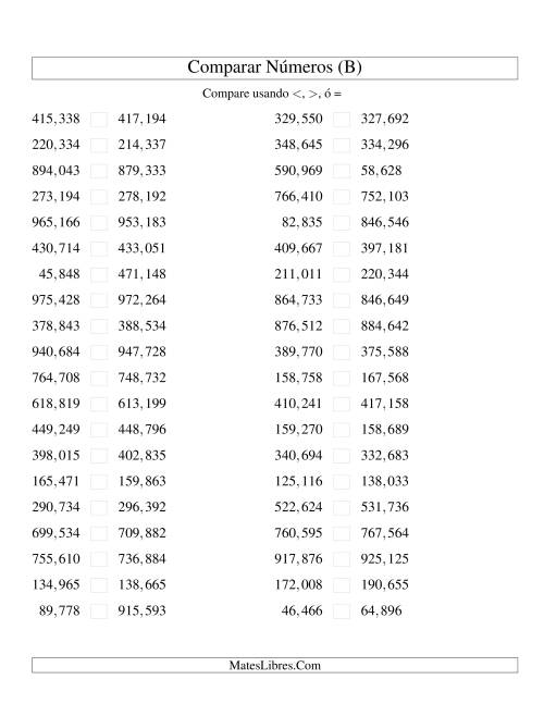 La hoja de ejercicios de Comparar Números Hasta 1000000 (próximos) (B)