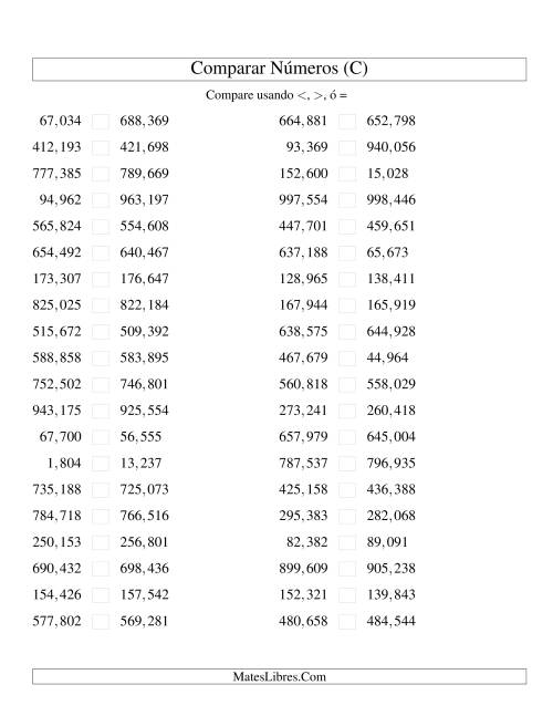 La hoja de ejercicios de Comparar Números Hasta 1000000 (próximos) (C)