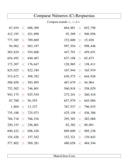 La hoja de ejercicios de Comparar Números Hasta 1000000 (próximos) (C) Página 2