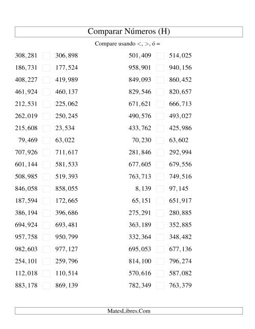 La hoja de ejercicios de Comparar Números Hasta 1000000 (próximos) (H)