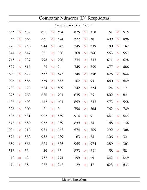 La hoja de ejercicios de Comparar Números Hasta 1000 (próximos) (D) Página 2