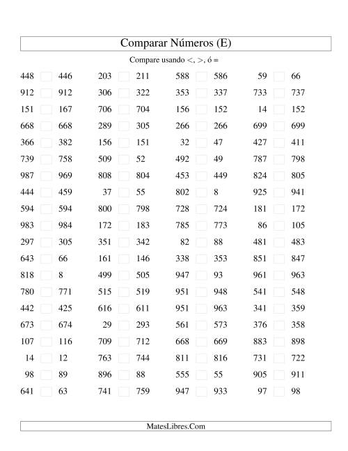 La hoja de ejercicios de Comparar Números Hasta 1000 (próximos) (E)