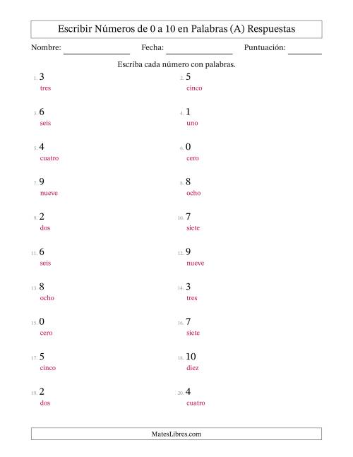 La hoja de ejercicios de Escribir Números de Números de 0 a 10 en Palabras (A) Página 2