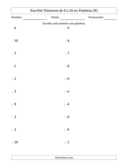 La hoja de ejercicios de Escribir Números de Números de 0 a 10 en Palabras (B)