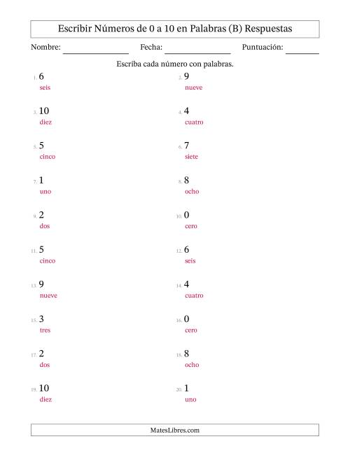 La hoja de ejercicios de Escribir Números de Números de 0 a 10 en Palabras (B) Página 2