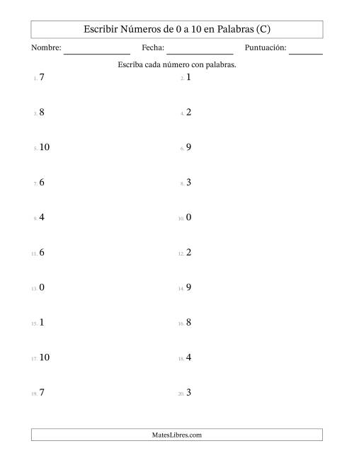 La hoja de ejercicios de Escribir Números de Números de 0 a 10 en Palabras (C)