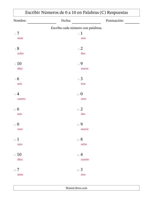 La hoja de ejercicios de Escribir Números de Números de 0 a 10 en Palabras (C) Página 2
