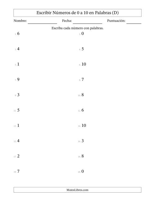 La hoja de ejercicios de Escribir Números de Números de 0 a 10 en Palabras (D)
