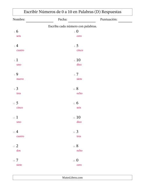 La hoja de ejercicios de Escribir Números de Números de 0 a 10 en Palabras (D) Página 2