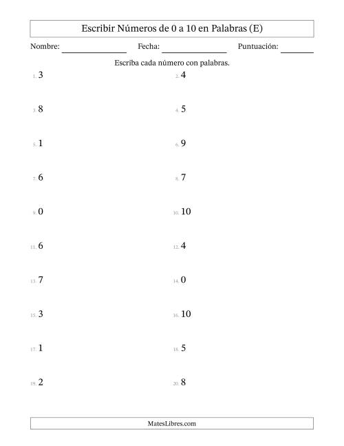 La hoja de ejercicios de Escribir Números de Números de 0 a 10 en Palabras (E)
