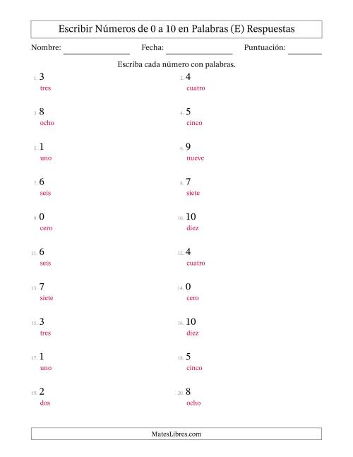 La hoja de ejercicios de Escribir Números de Números de 0 a 10 en Palabras (E) Página 2
