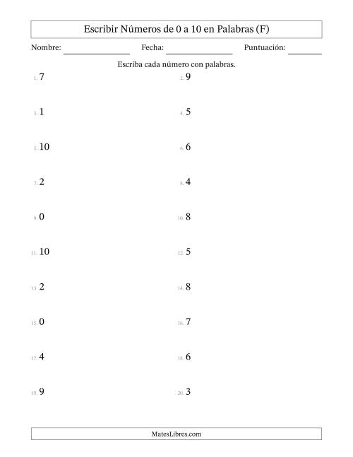 La hoja de ejercicios de Escribir Números de Números de 0 a 10 en Palabras (F)