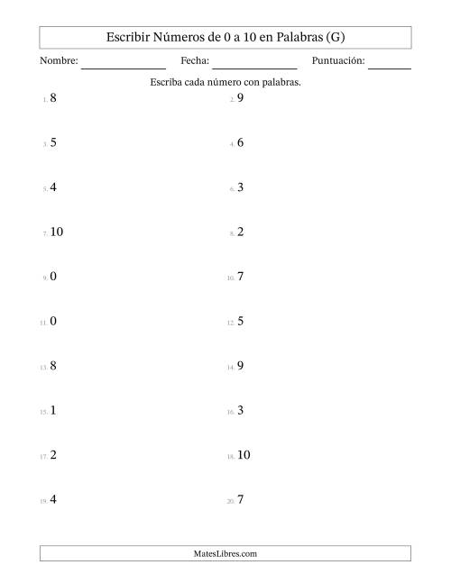 La hoja de ejercicios de Escribir Números de Números de 0 a 10 en Palabras (G)