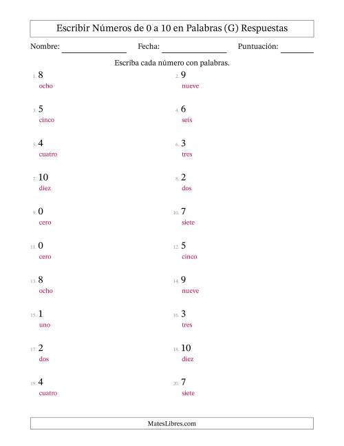 La hoja de ejercicios de Escribir Números de Números de 0 a 10 en Palabras (G) Página 2