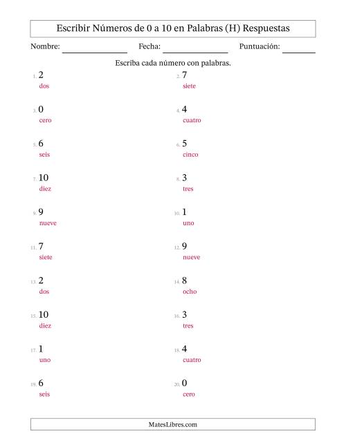 La hoja de ejercicios de Escribir Números de Números de 0 a 10 en Palabras (H) Página 2