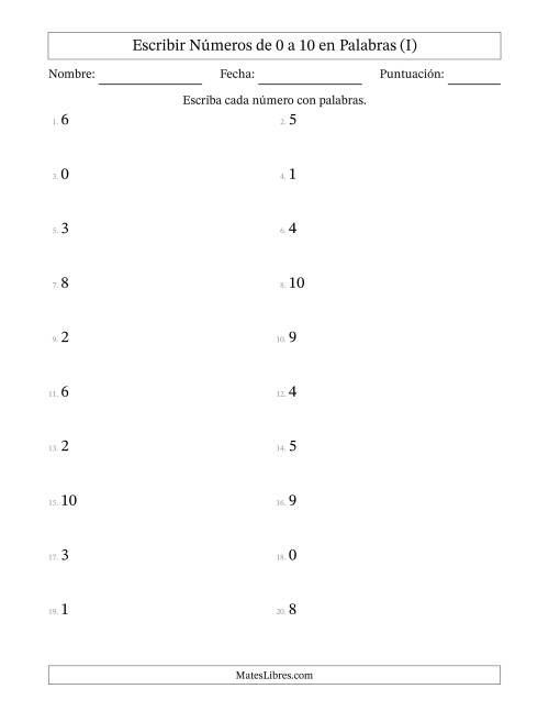 La hoja de ejercicios de Escribir Números de Números de 0 a 10 en Palabras (I)