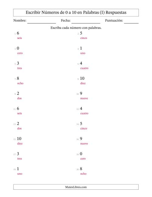 La hoja de ejercicios de Escribir Números de Números de 0 a 10 en Palabras (I) Página 2