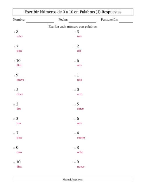 La hoja de ejercicios de Escribir Números de Números de 0 a 10 en Palabras (J) Página 2