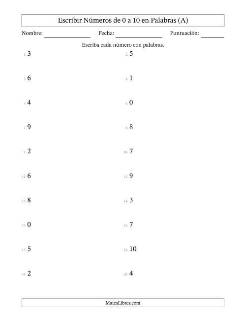 La hoja de ejercicios de Escribir Números de Números de 0 a 10 en Palabras (Todas)