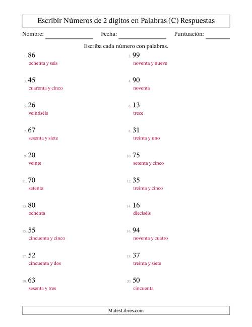 La hoja de ejercicios de Escribir Números de 2 Dígitos en Palabras (C) Página 2
