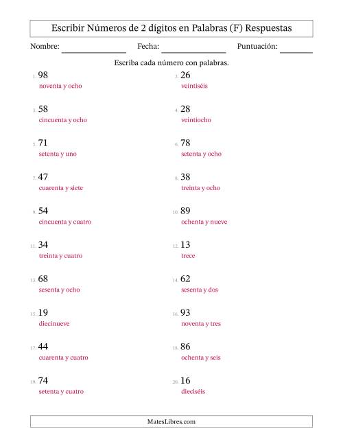 La hoja de ejercicios de Escribir Números de 2 Dígitos en Palabras (F) Página 2