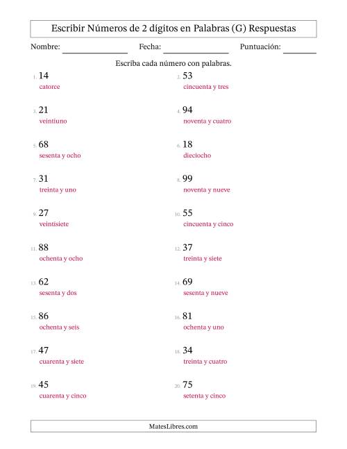 La hoja de ejercicios de Escribir Números de 2 Dígitos en Palabras (G) Página 2