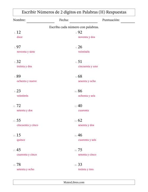 La hoja de ejercicios de Escribir Números de 2 Dígitos en Palabras (H) Página 2