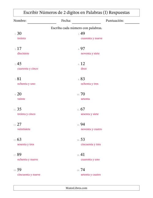 La hoja de ejercicios de Escribir Números de 2 Dígitos en Palabras (I) Página 2