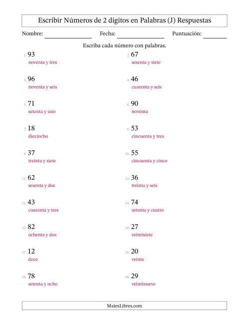 La hoja de ejercicios de Escribir Números de 2 Dígitos en Palabras (J) Página 2